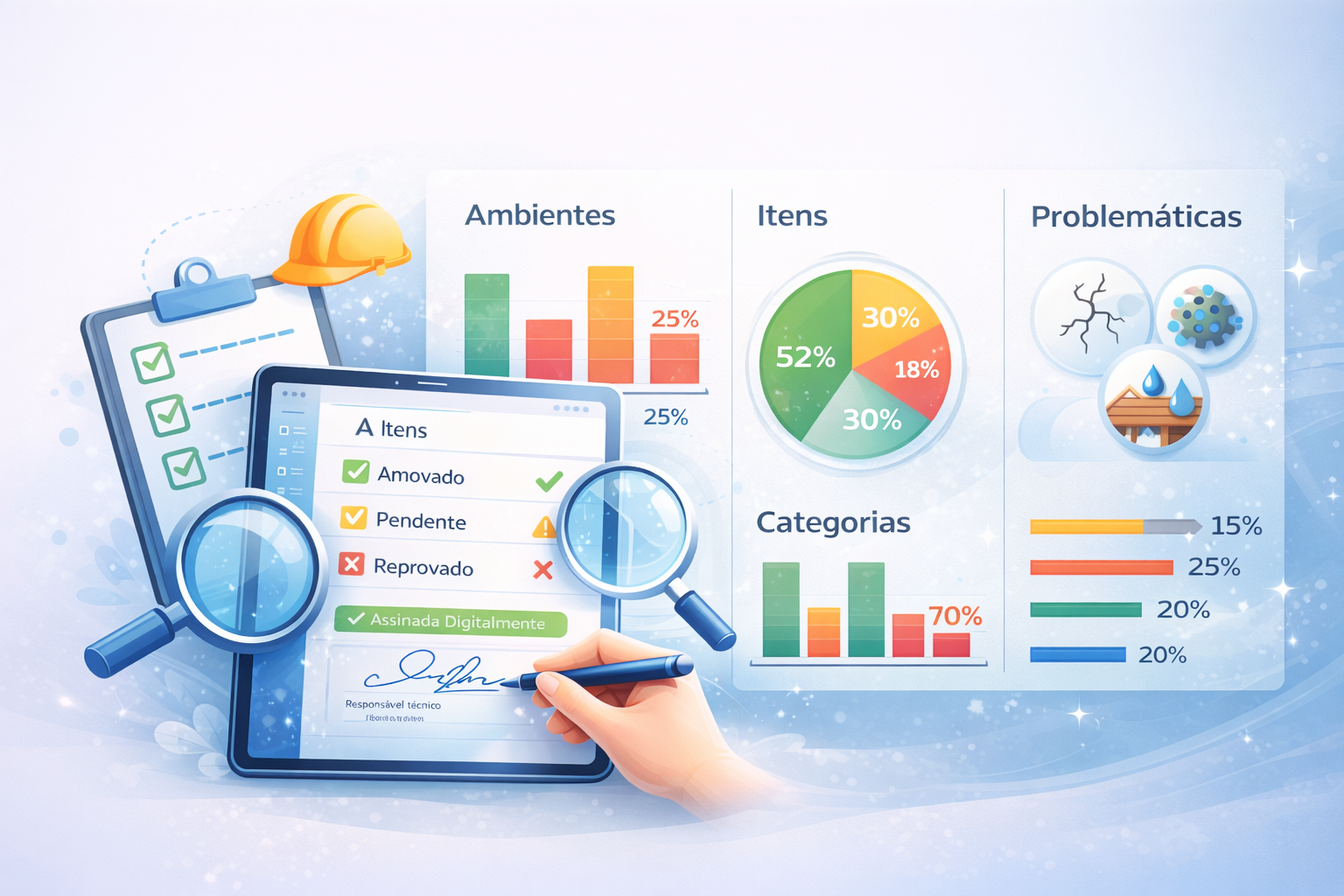 Indicadores e métricas de vistorias por ambiente, item e categoria